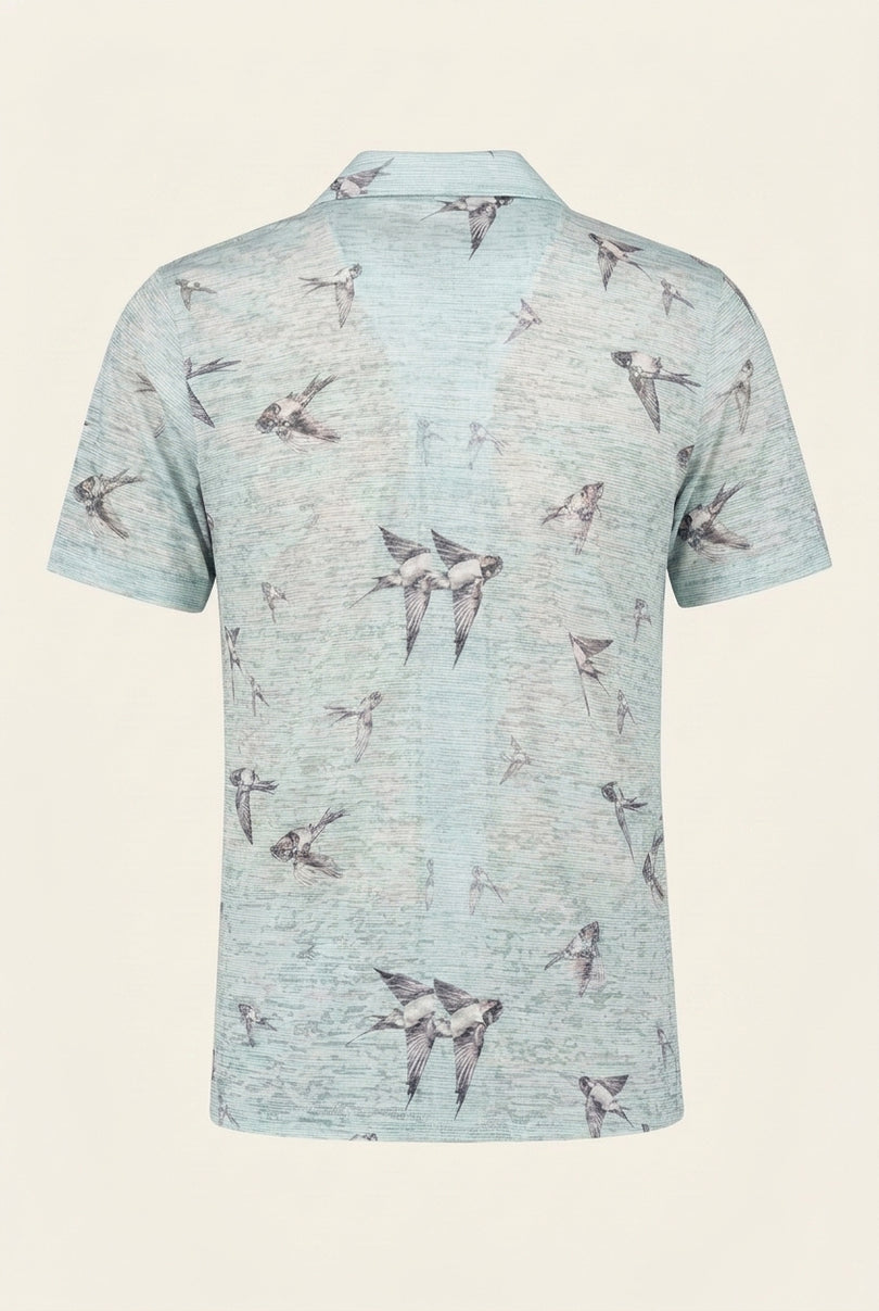Sparrow Print Camp Collar Shirt - Aqua - Back