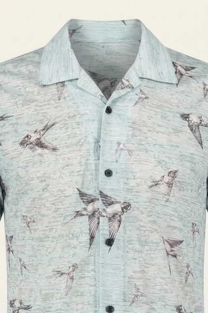 Sparrow Print Camp Collar Shirt - Aqua - Detail