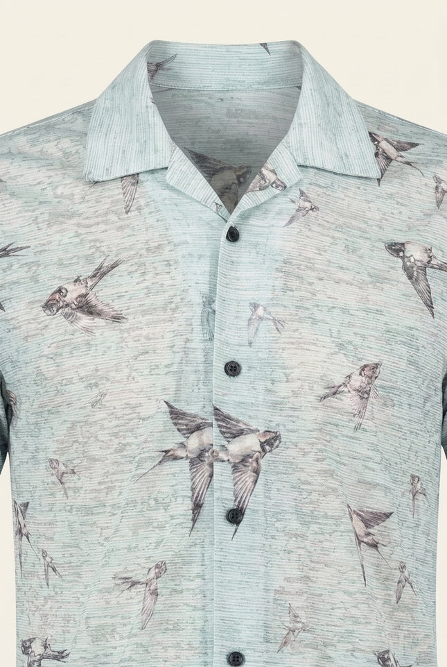 Sparrow Print Camp Collar Shirt - Aqua - Detail