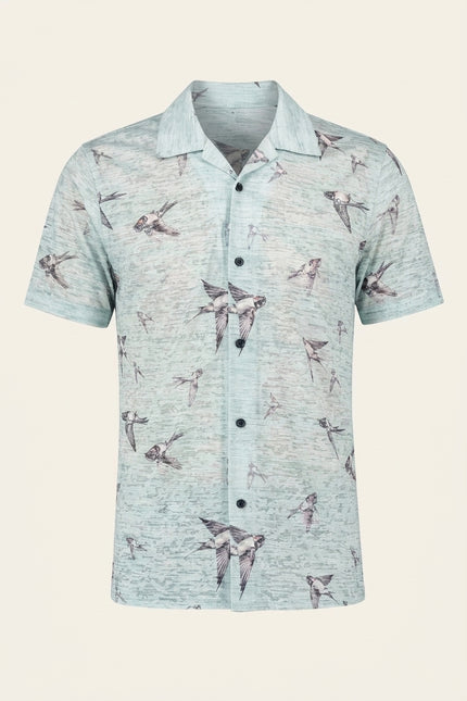 Sparrow Print Camp Collar Shirt - Aqua - Front