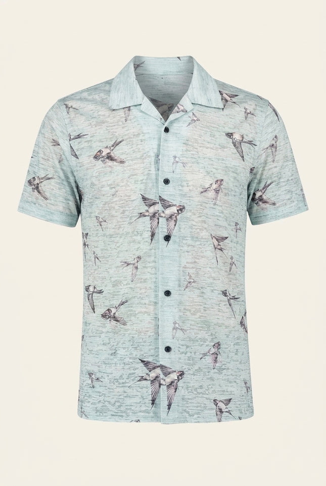 Sparrow Print Camp Collar Shirt - Aqua - Front