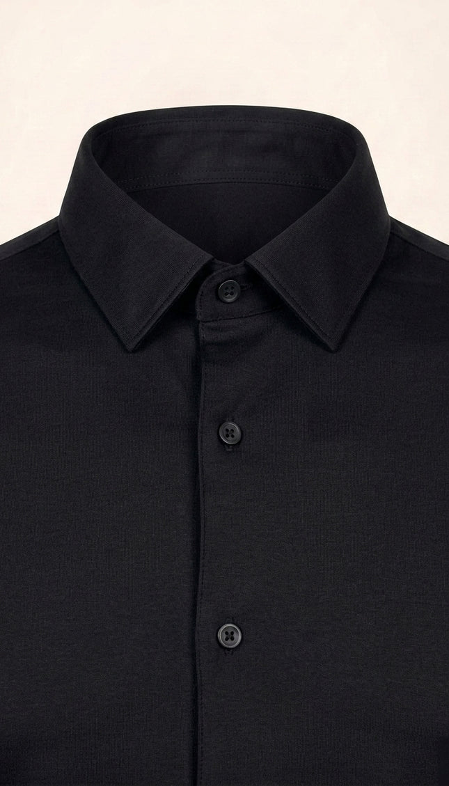 Spread Collar Athletic Fit Dress Shirt - Black - Detail