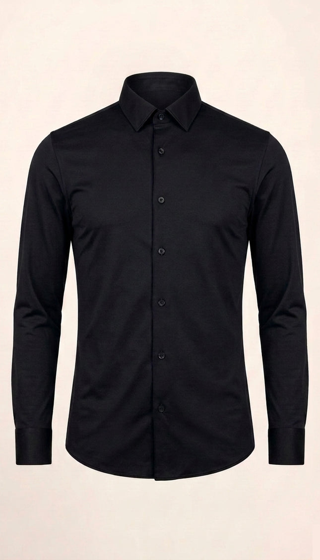 Spread Collar Athletic Fit Dress Shirt - Black - Front