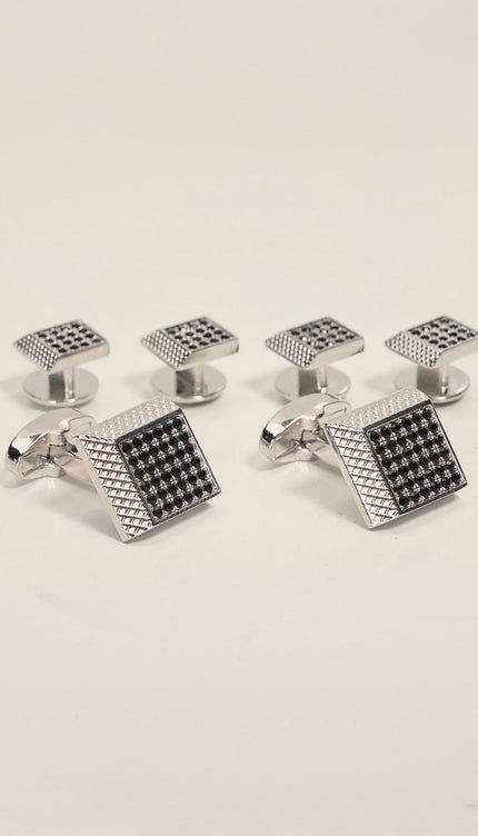 Stainless Steel Dark Stone Cufflinks Stud Set Silver - Ron Tomson