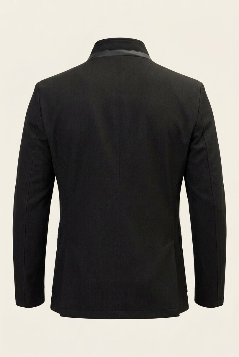 Stand Collar Denim Blazer - Black - Back