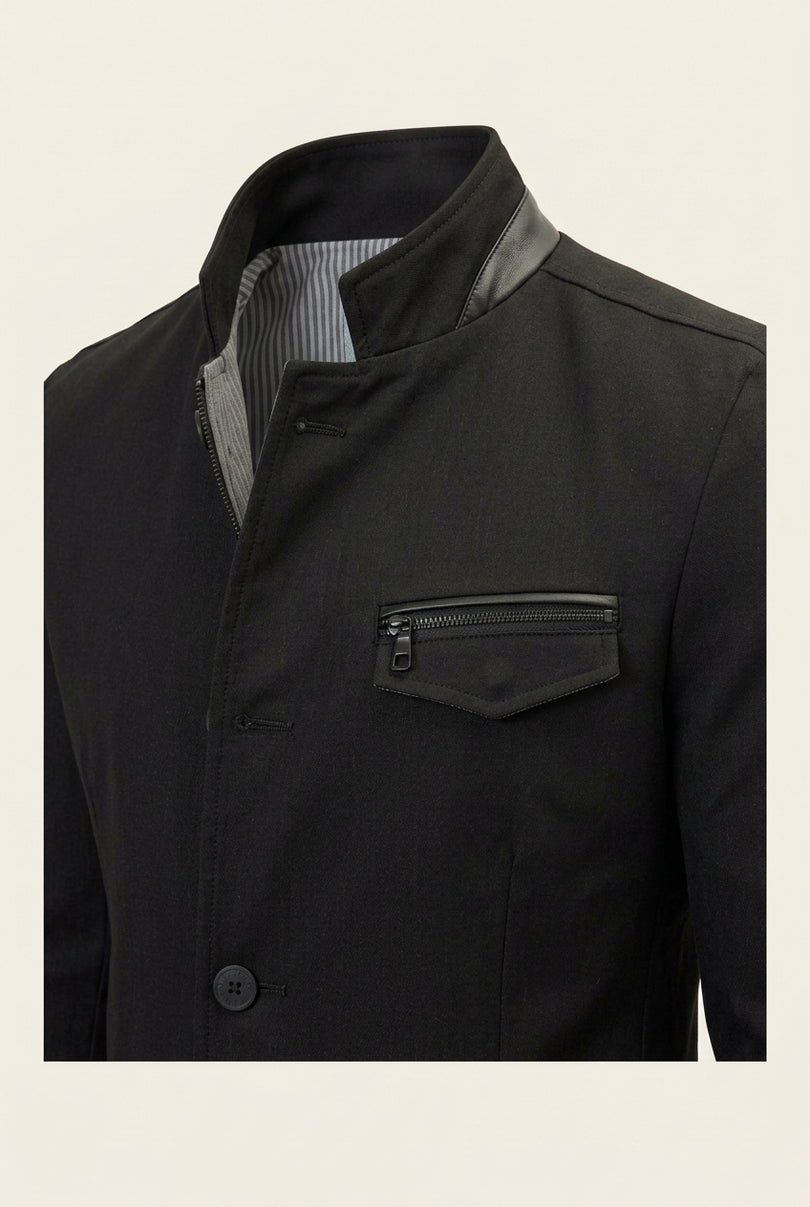 Stand Collar Denim Blazer - Black - Detail