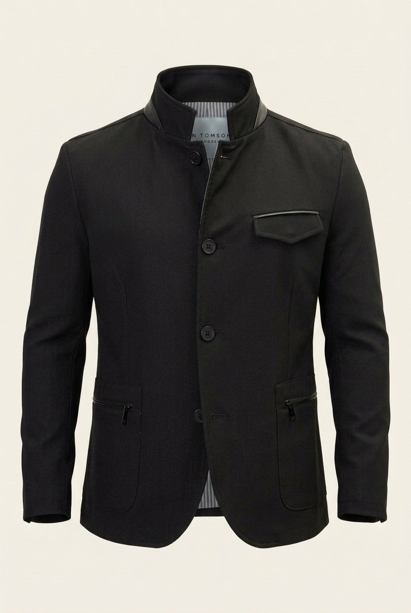 Stand Collar Denim Blazer - Black - Front (Alt)