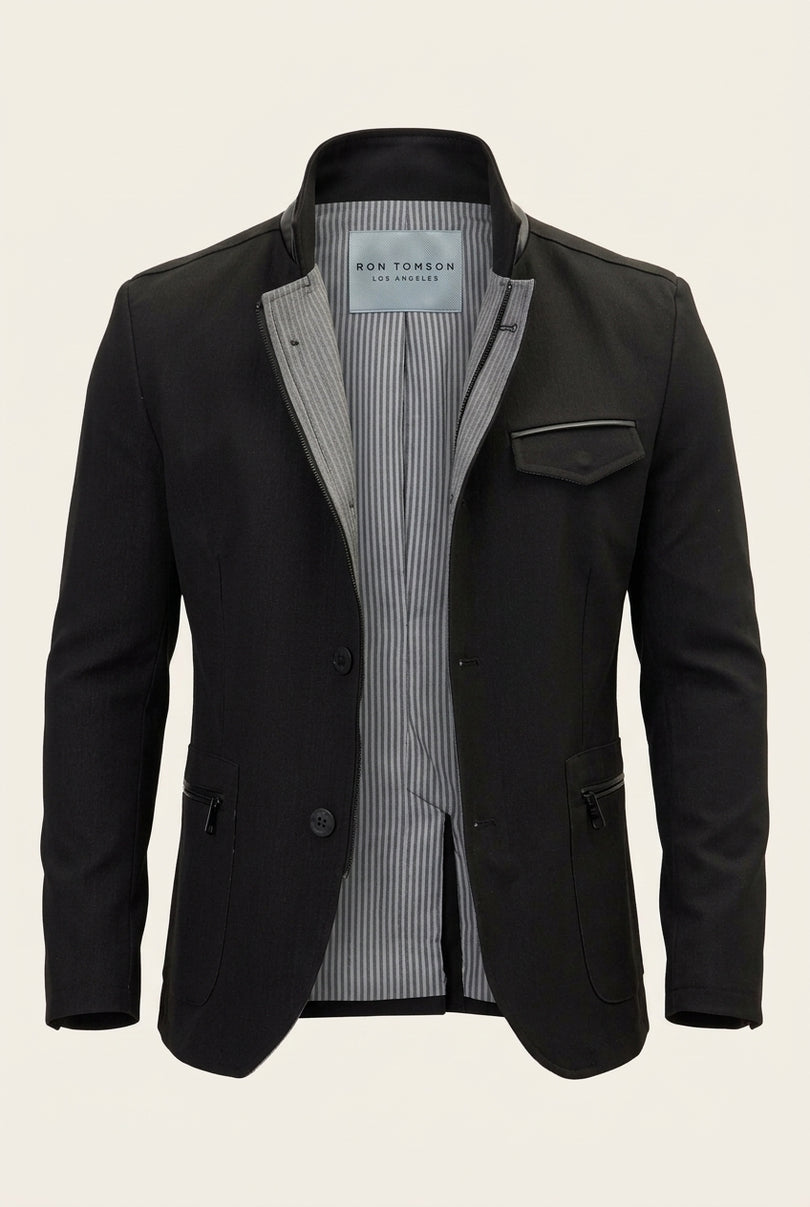 Stand Collar Denim Blazer - Black - Front