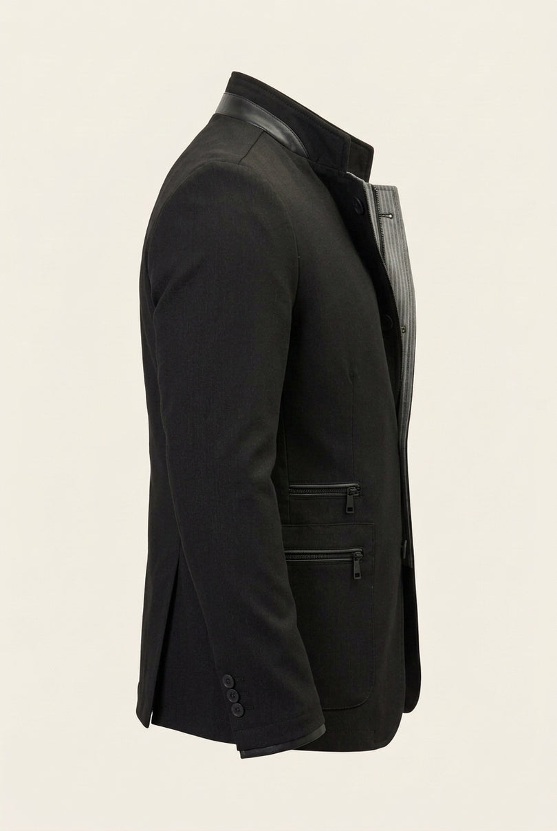 Stand Collar Denim Blazer - Black - Side