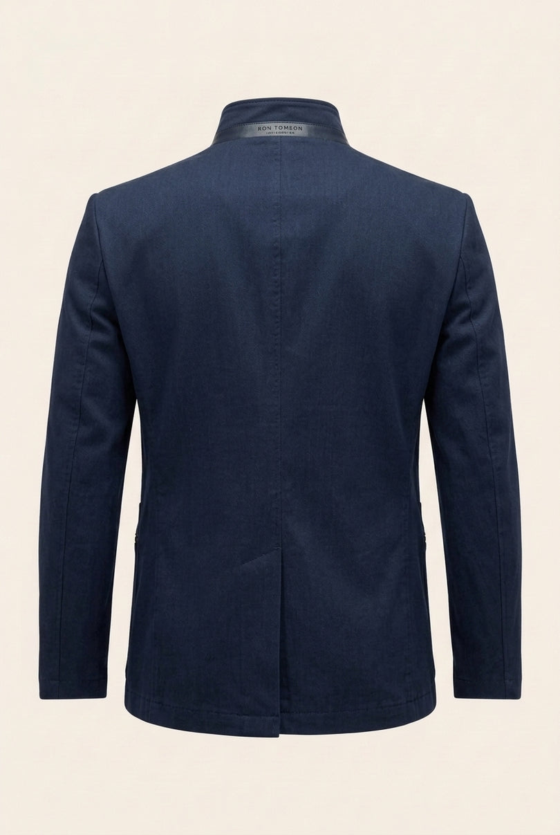 Stand Collar Denim Blazer - Navy - Back