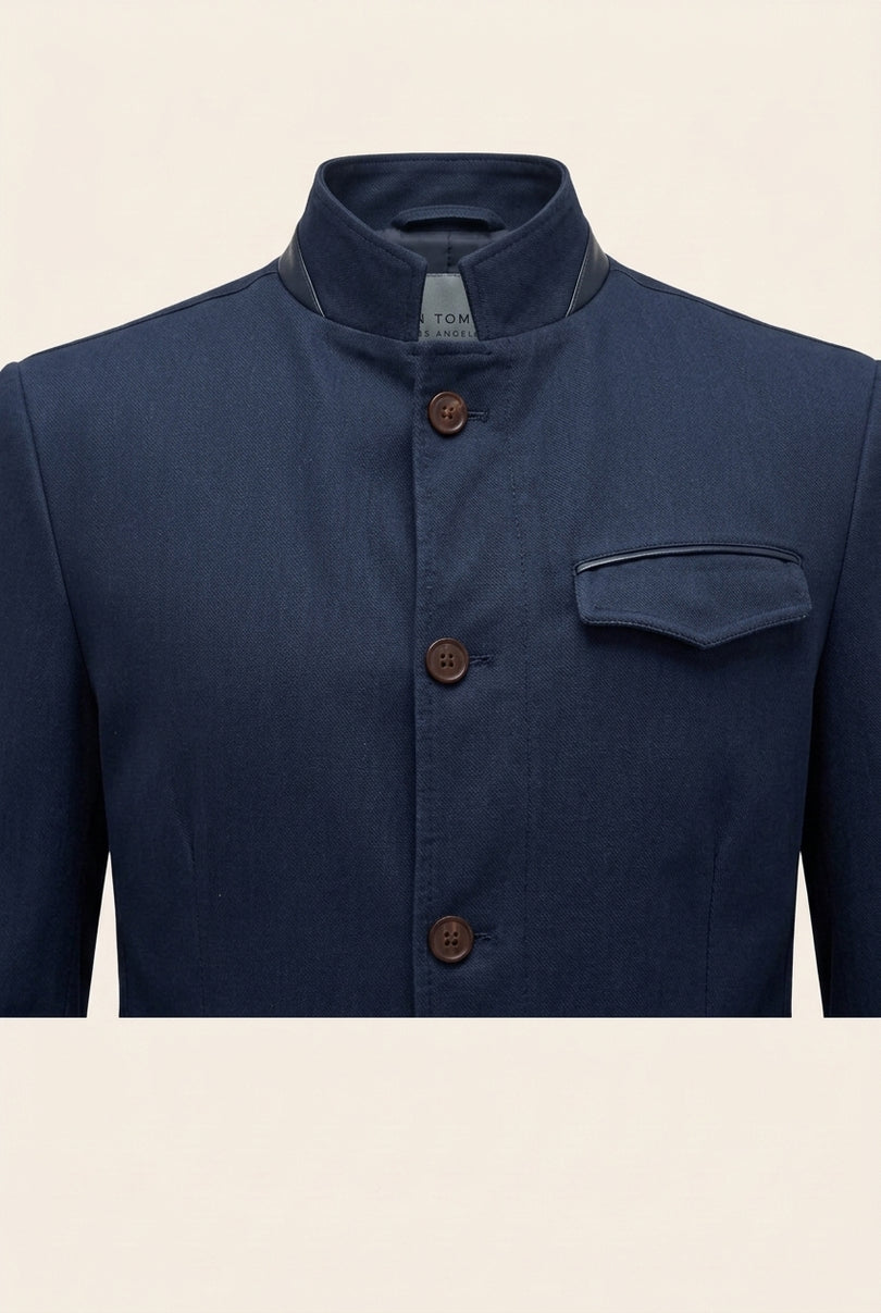 Stand Collar Denim Blazer - Navy - Detail