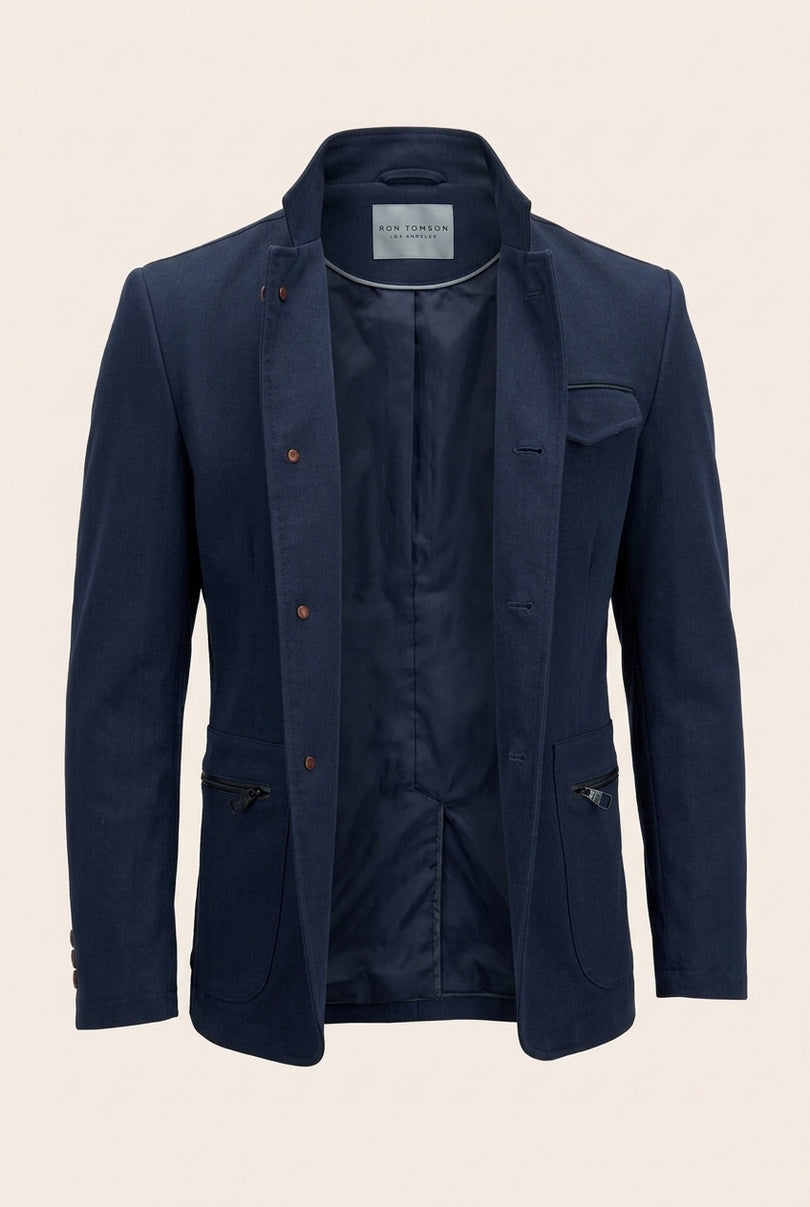 Stand Collar Denim Blazer - Navy - Front (Alt)