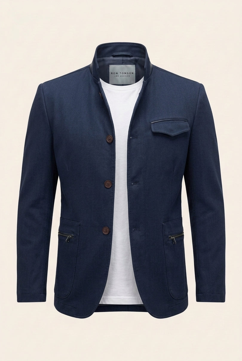 Stand Collar Denim Blazer - Navy - Front (Alt)