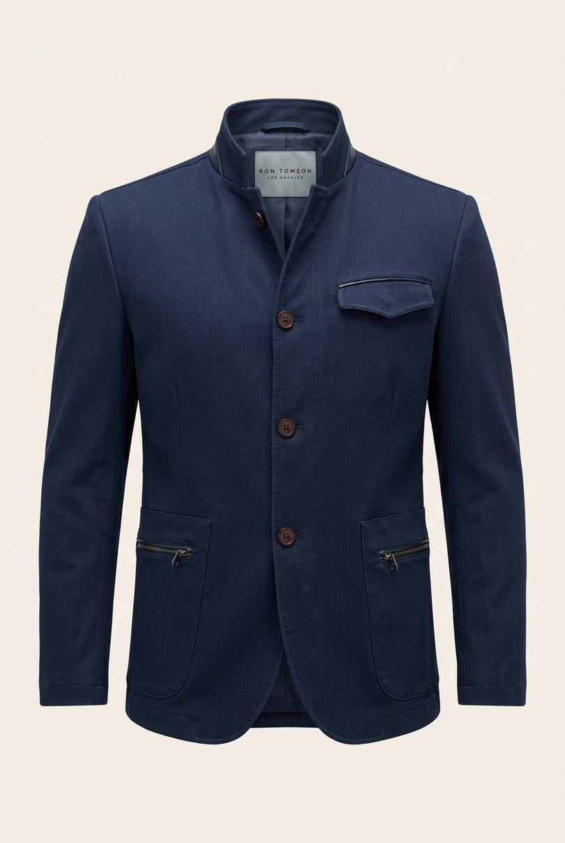 Stand Collar Denim Blazer - Navy - Front