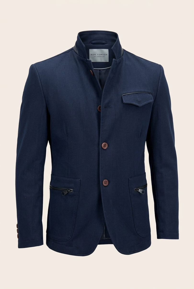 Stand Collar Denim Blazer - Navy - Front