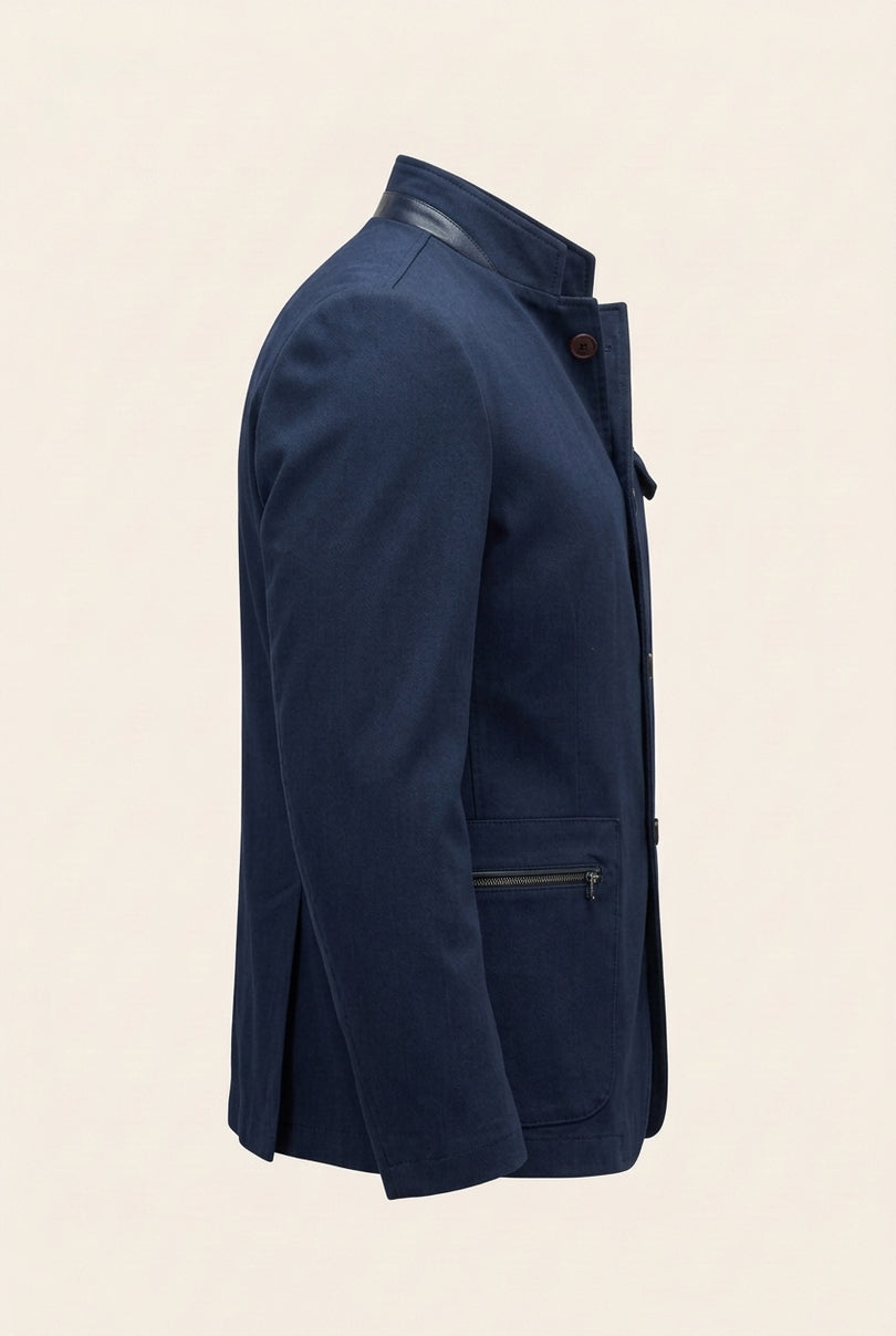 Stand Collar Denim Blazer - Navy - Side