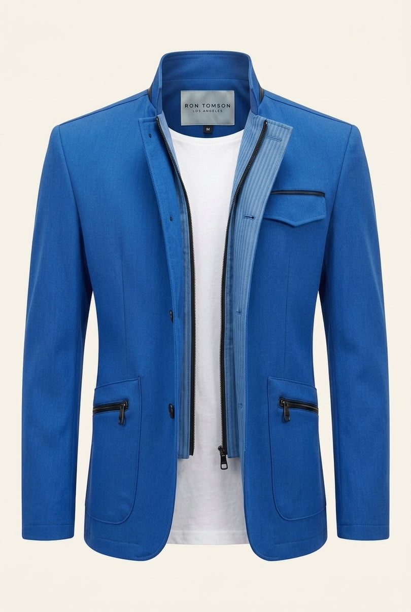 Stand Collar Denim Blazer - Sax - Front (Alt)