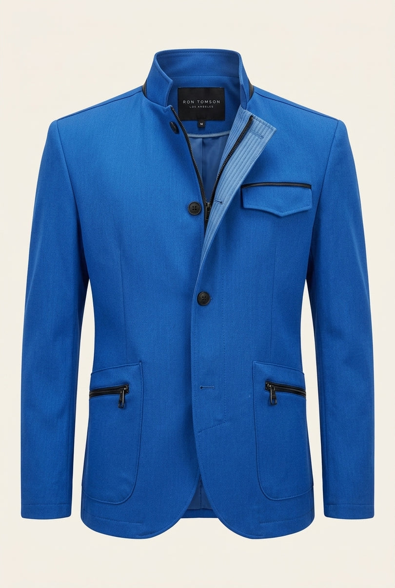 Stand Collar Denim Blazer - Sax - Front