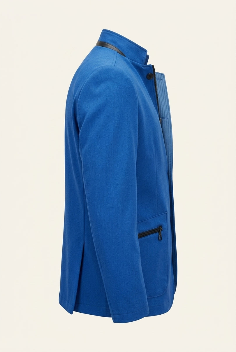Stand Collar Denim Blazer - Sax - Side