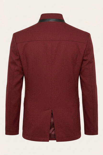 Stand Collar Denim Blazer - Wine - Back