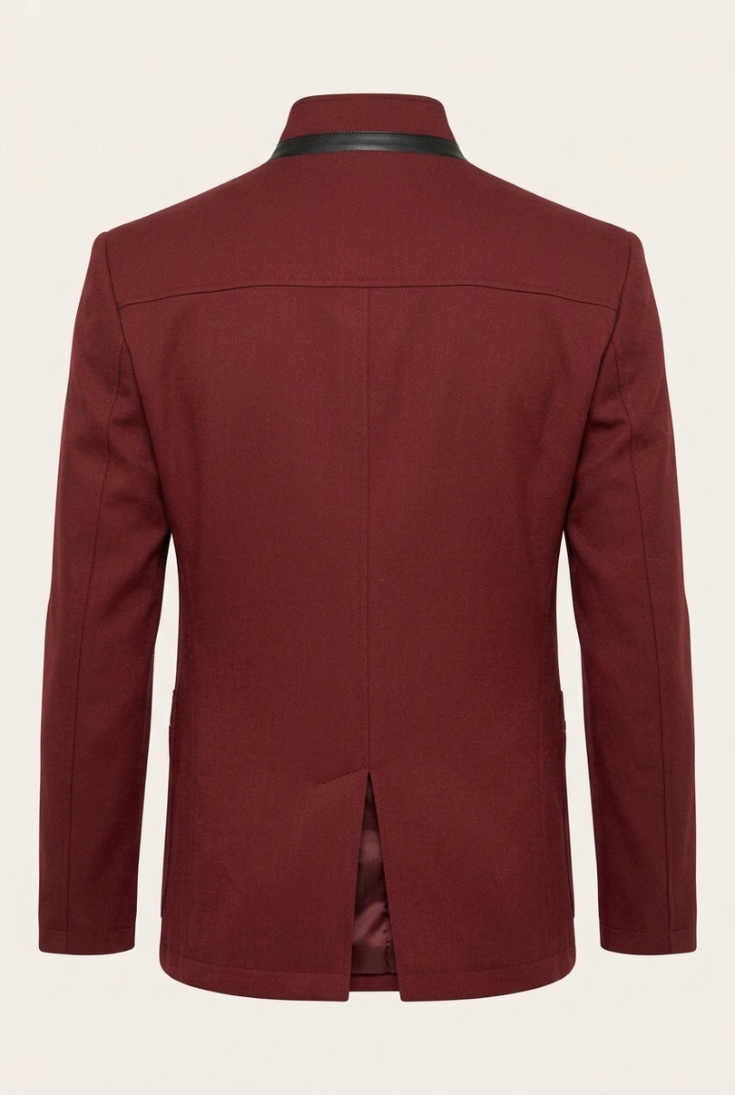 Stand Collar Denim Blazer - Wine - Back