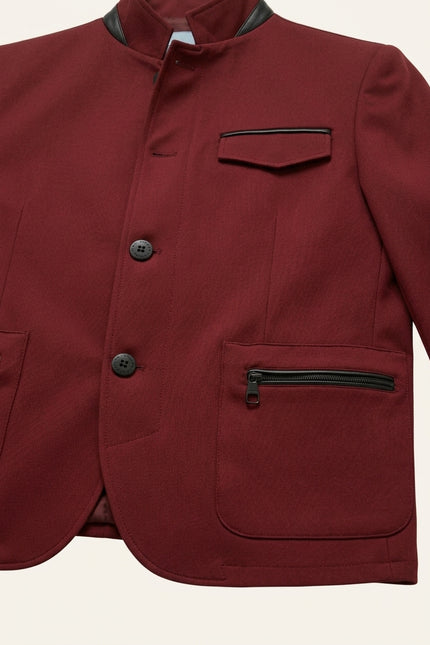Stand Collar Denim Blazer - Wine - Detail