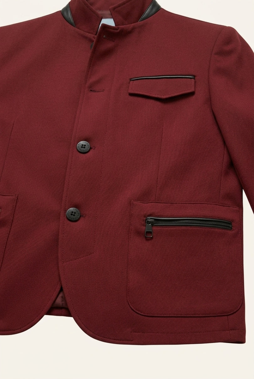 Stand Collar Denim Blazer - Wine - Detail