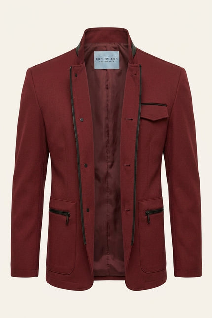 Stand Collar Denim Blazer - Wine - Front (Alt)