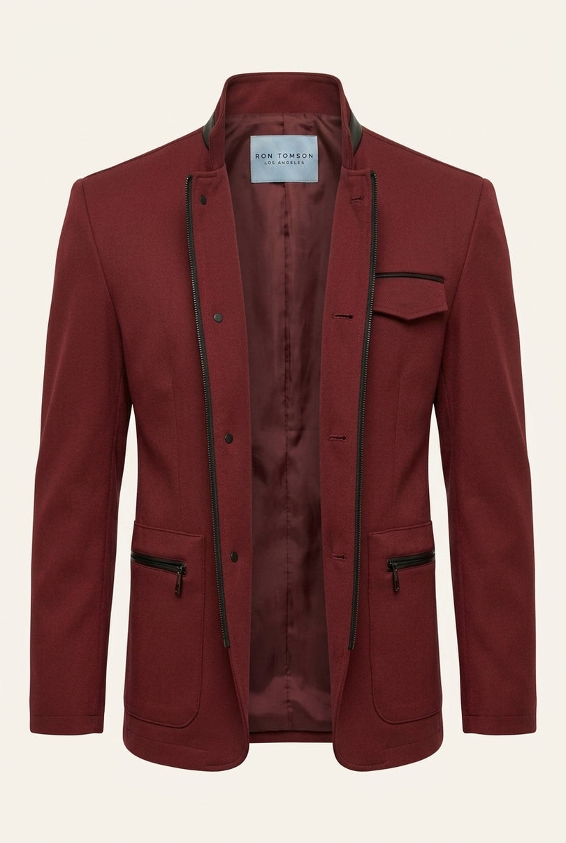 Stand Collar Denim Blazer - Wine - Front (Alt)