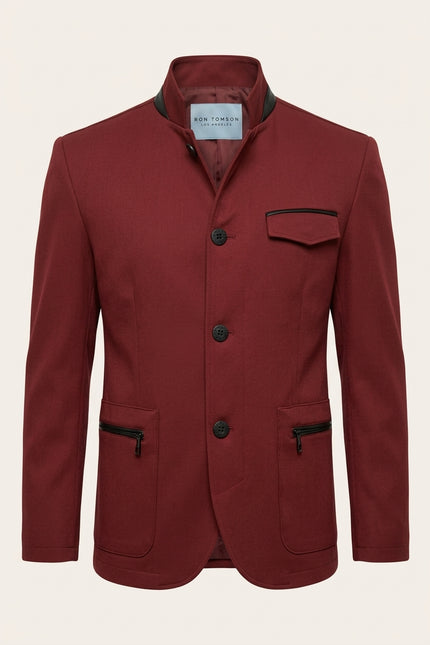 Stand Collar Denim Blazer - Wine - Front