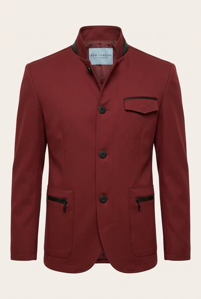 Stand Collar Denim Blazer - Wine - Front