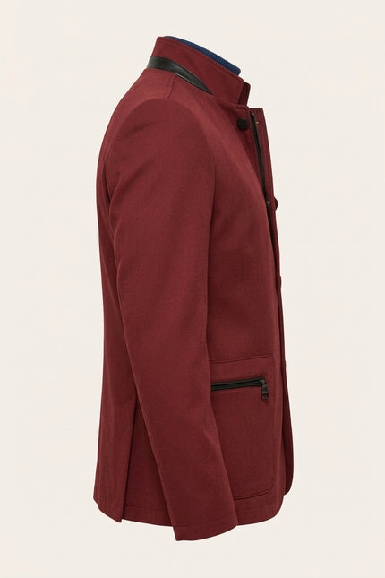 Stand Collar Denim Blazer - Wine - Side