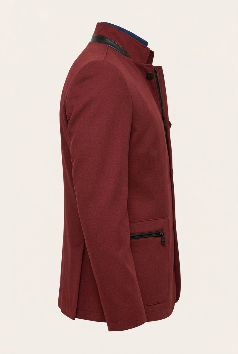 Stand Collar Denim Blazer - Wine - Side