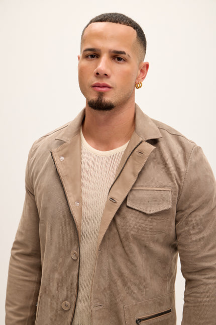 Men's Stand Collar Lambskin Leather Jacket - Beige Suede - Ron Tomson Leather