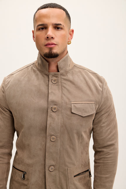 Men's Stand Collar Lambskin Leather Jacket - Beige Suede - Ron Tomson Leather