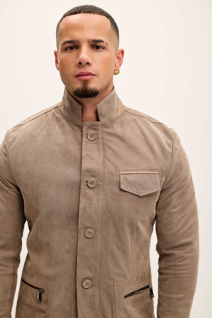 Men's Stand Collar Lambskin Leather Jacket - Beige Suede - Ron Tomson Leather