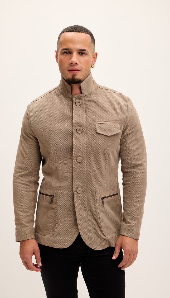 Stand Collar Lux Lambskin Leather Jacket - Beige - Ron Tomson
