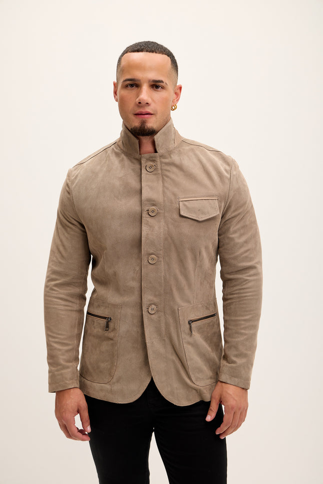 Men's Stand Collar Lambskin Leather Jacket - Beige Suede - Ron Tomson