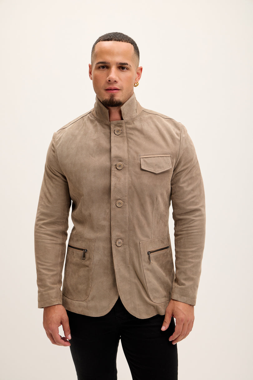 Men's Stand Collar Lambskin Leather Jacket - Beige Suede - Ron Tomson