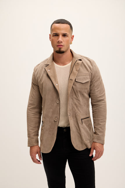 Men's Stand Collar Lambskin Leather Jacket - Beige Suede - Ron Tomson Leather