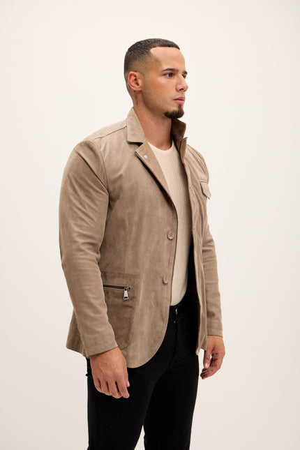 Men's Stand Collar Lambskin Leather Jacket - Beige Suede - Ron Tomson Leather