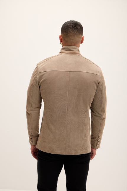 Men's Stand Collar Lambskin Leather Jacket - Beige Suede - Ron Tomson Leather