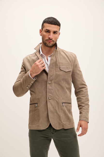 Men's Stand Collar Lambskin Leather Jacket - Beige Suede - Ron Tomson Leather
