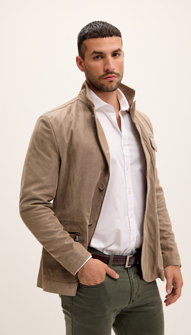 Stand Collar Lux Lambskin Leather Jacket - Beige - Ron Tomson