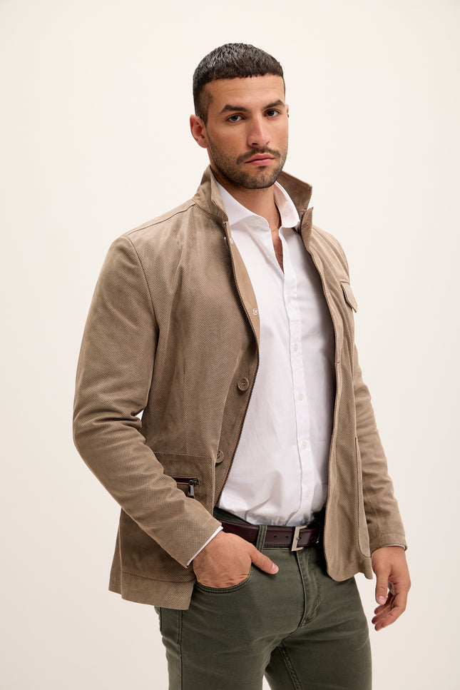 Men's Stand Collar Lambskin Leather Jacket - Beige Suede - Ron Tomson Leather