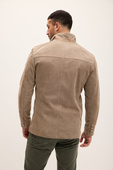 Men's Stand Collar Lambskin Leather Jacket - Beige Suede - Ron Tomson Leather