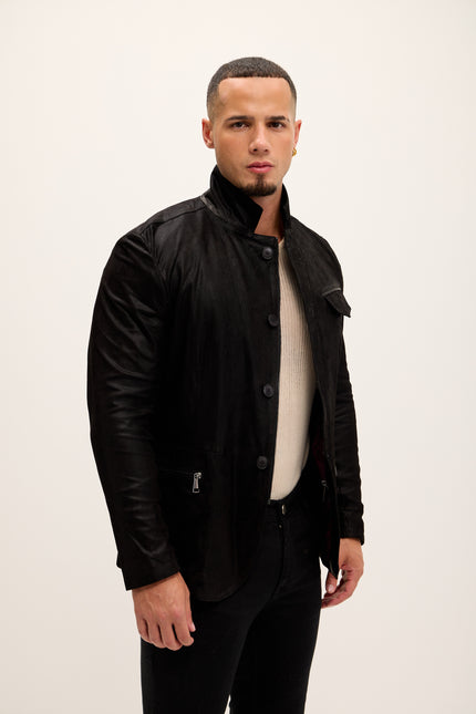 Men's Stand Collar Lambskin Leather Jacket - Black Suede - Ron Tomson Leather