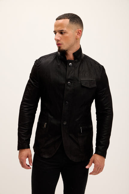 Men's Stand Collar Lambskin Leather Jacket - Black Suede - Ron Tomson Leather