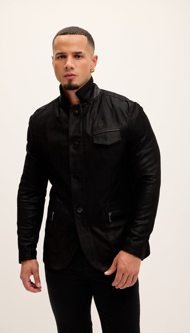 Stand Collar Lux Lambskin Leather Jacket - Black - Ron Tomson
