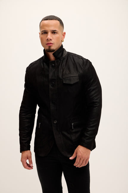 Men's Stand Collar Lambskin Leather Jacket - Black Suede - Ron Tomson Leather